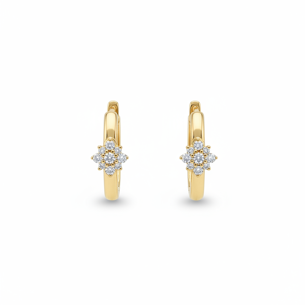 EHD57626. 14K Solid Yellow Gold Diamond Flower Huggie Hoop Earrings