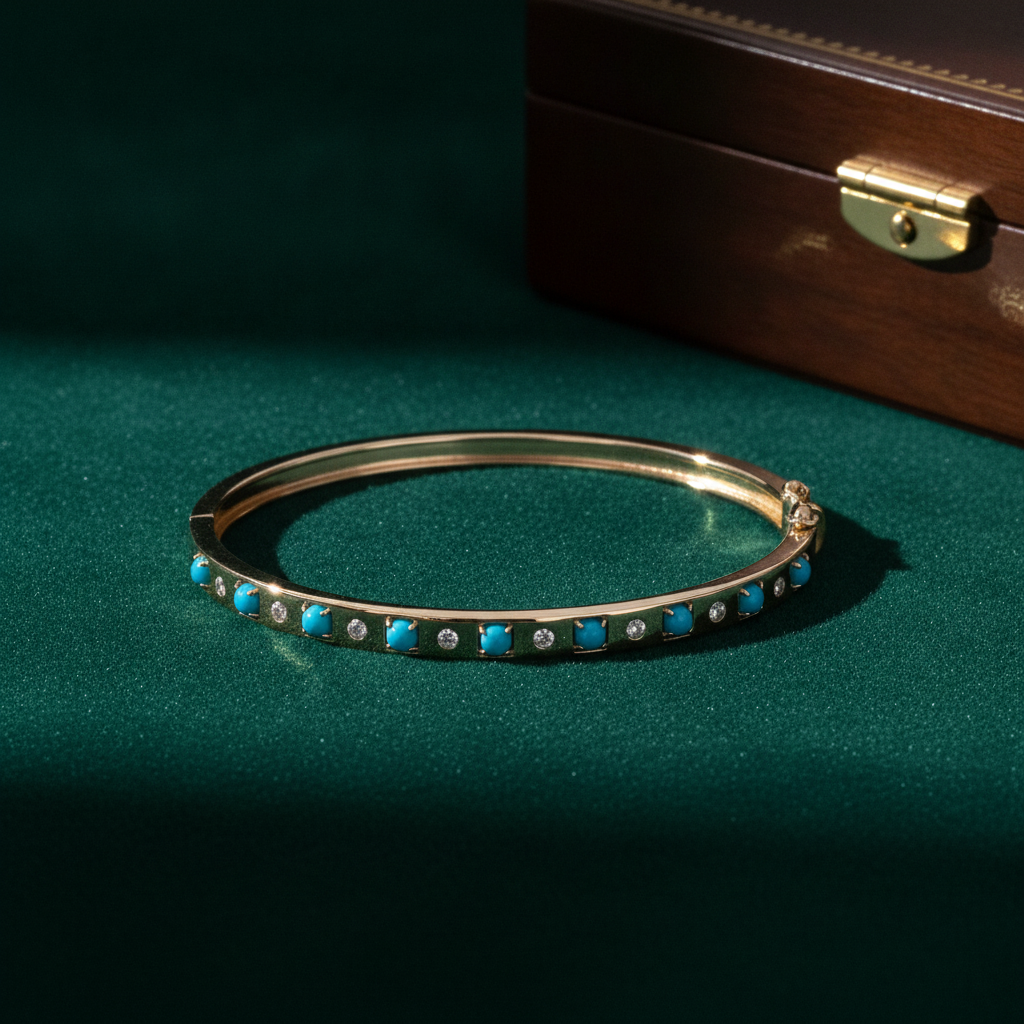 BNE68710. 14K Solid Gold Diamond & Gemstone Bangle