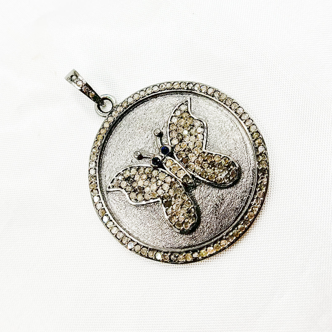 DP381. Diamond Sterling Silver Round Butterfly Pendant with Gemstone