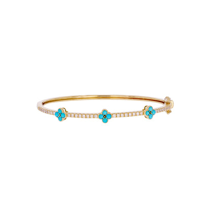 BNH68565TQ. 14K Solid Gold Diamond and Turquoise Flower Bangle