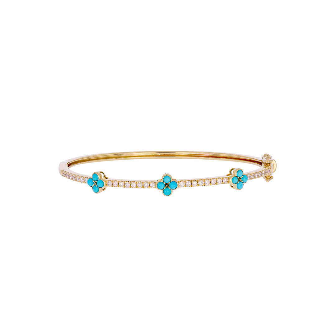 BNH68565TQ. 14K Solid Gold Diamond and Turquoise Flower Bangle