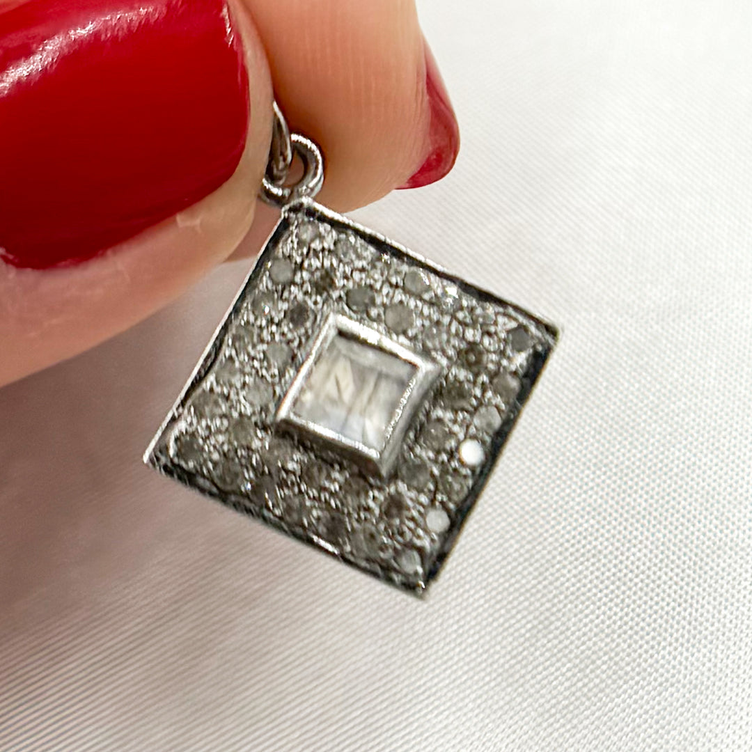 DC935. Diamond Sterling Silver Square Charm with Gemstone