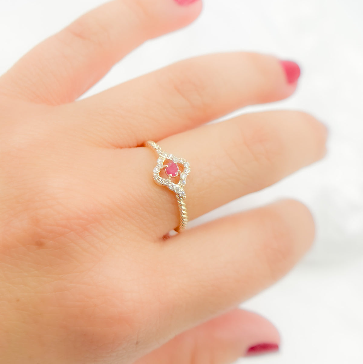 14K Solid Yellow Gold Diamond and Ruby Flower Ring.