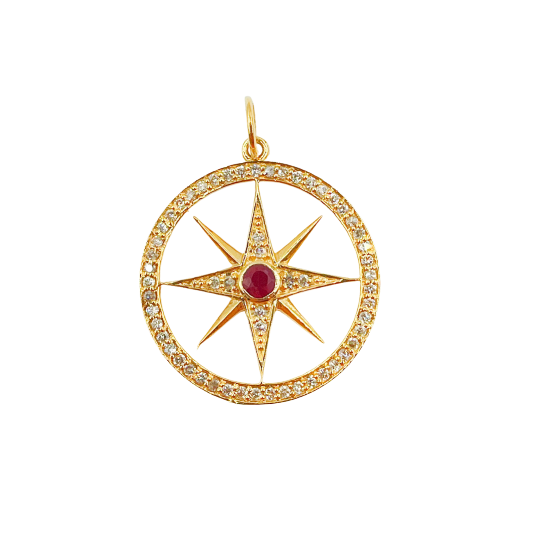 GDP14. 14K Solid Gold Diamonds Round Star Charm