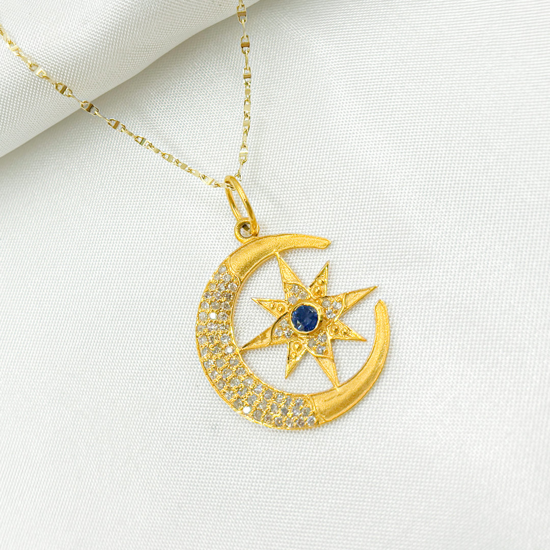 14k Solid Gold Moon and Star Diamond and Blue Sapphire Charm. GDP304