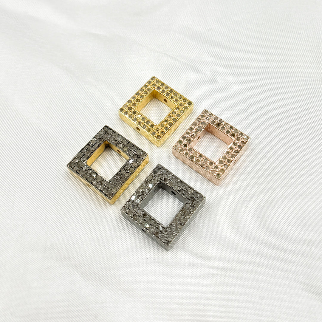 Pave Diamond & 925 Sterling Silver Black Rhodium, Two-Tone, Gold Plated and Rose Gold Square Bead. DC841