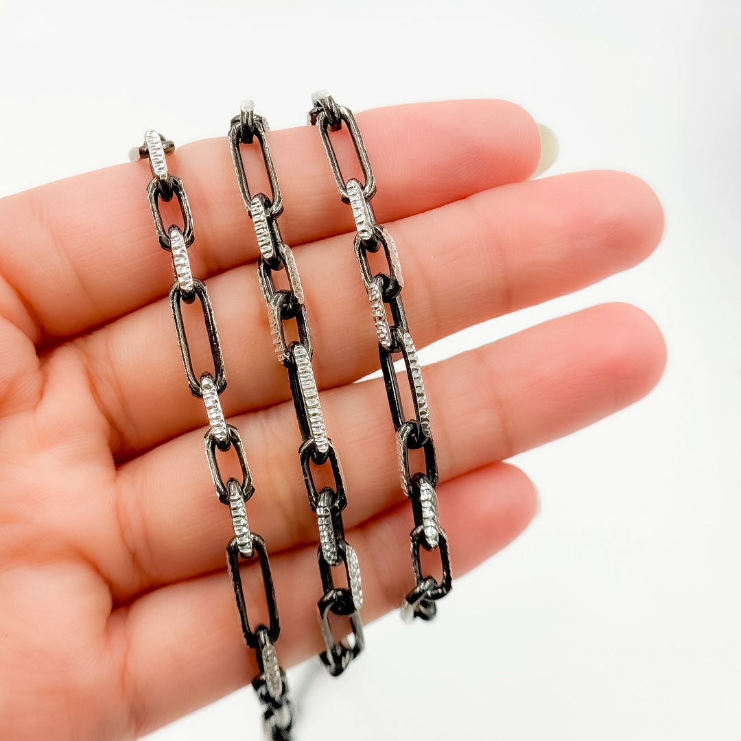 Z119SBDC. Black Rhodium and White Sterling Silver Paperclip Diamond Cut Cable Chain