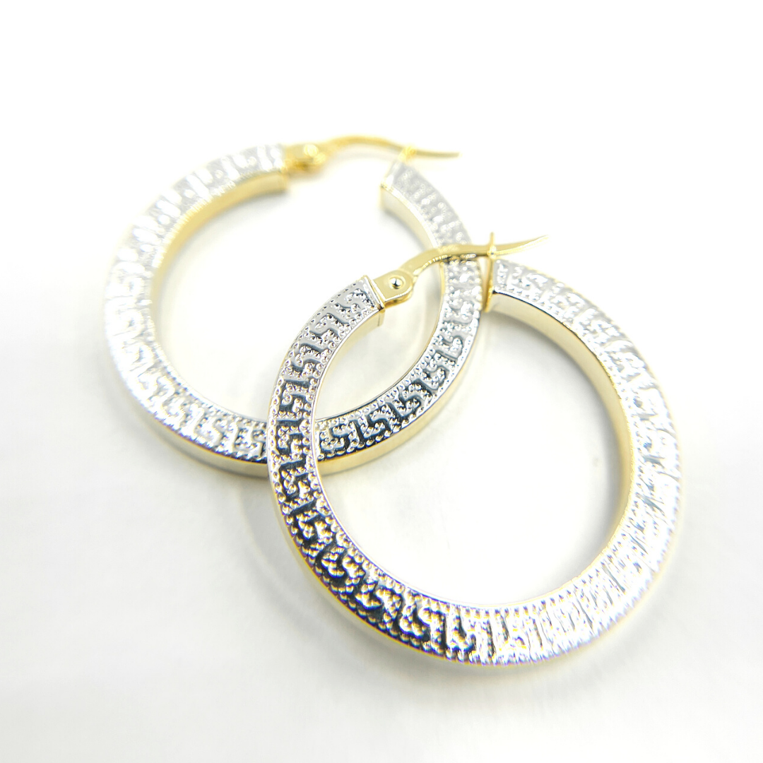 GER40. 14K Solid Gold and White Gold Earrings Round Shape Hoop with Texture