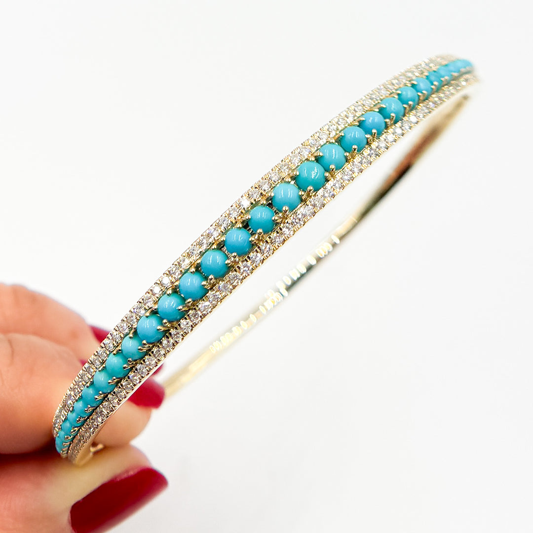BNK68477TQ. 14K Solid Yellow Gold Turquoise and Diamond Fancy Bangle