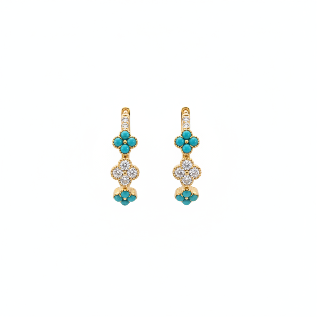 HP402565. 14k Solid Gold Diamond and Turquoise Fancy Flower Hoop Earrings