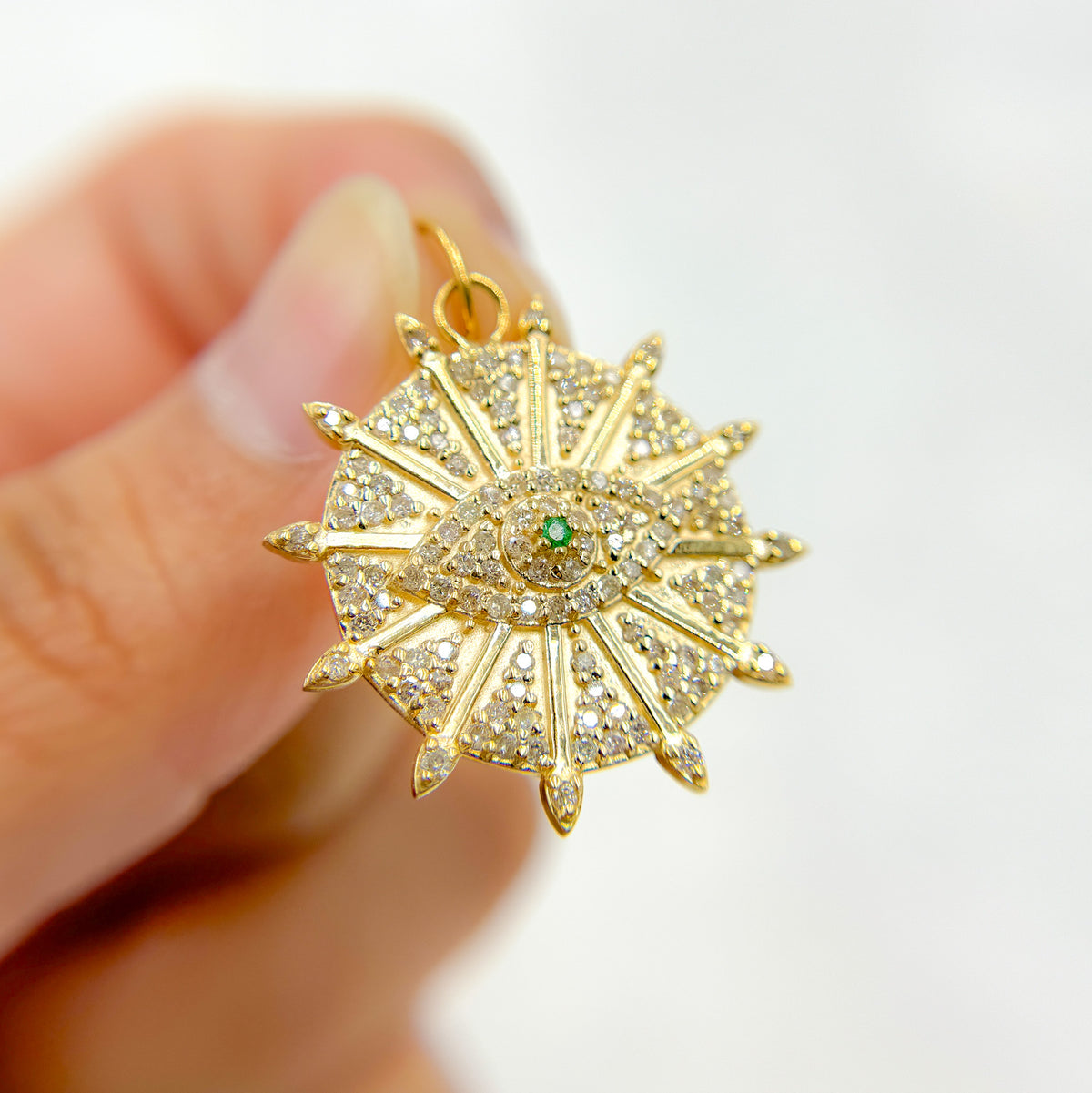 GDP655. 14K Solid Gold Diamond and Gemstone Circle Charm with Arrows and Evil Eye in the Center