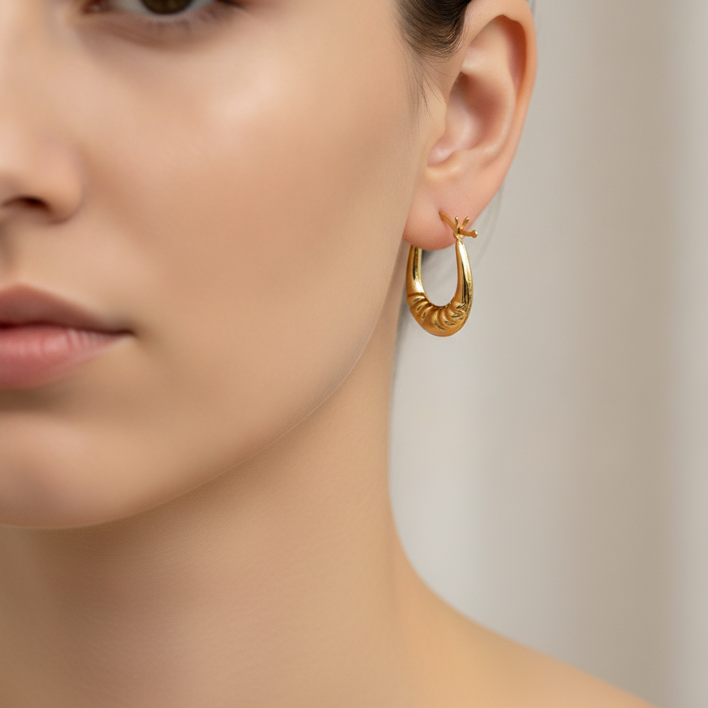 GER180. 14K Solid Gold Croissant Hollow Hoops