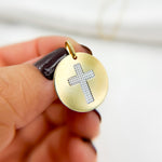 Load image into Gallery viewer, 14K Solid Gold Circle Charm with Cross in the Center. GDP672
