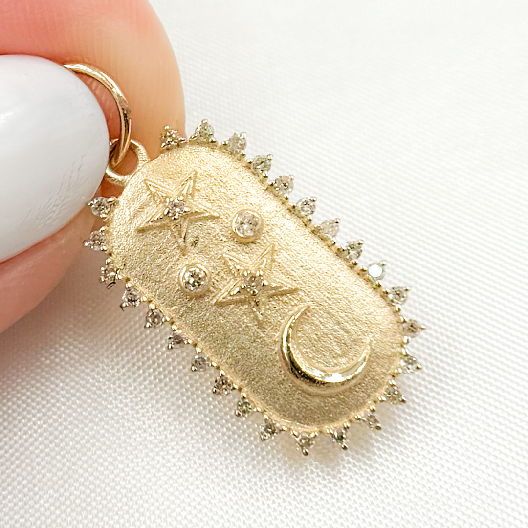 GDP250. 14K Solid Gold Diamond Oval Moon and Stars Charm