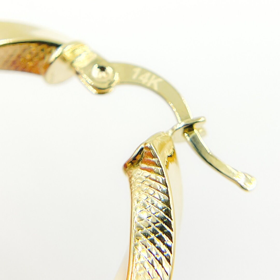 GER120. 14K Solid Gold Twisted Textured Hollow Hoop Earrings 26mm – Lightweight Hoops
