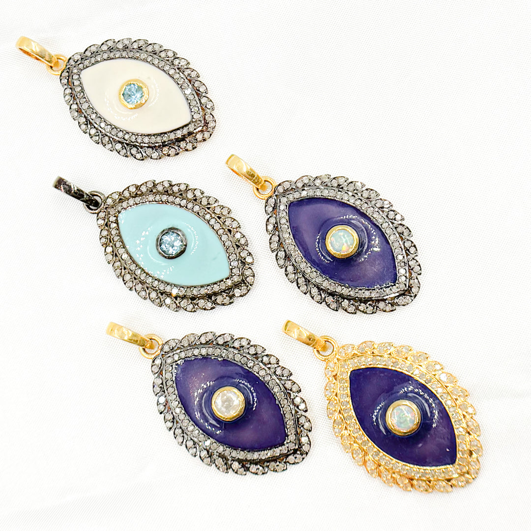 DP407A. Diamond Sterling Silver Eye Enamel Pendant with Gemstone