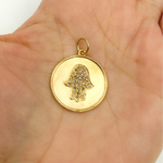 Load image into Gallery viewer, 14K Solid Gold with Diamonds Circle Shape Charm with Hamsa Hand in the Center. GDP32
