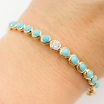 Load image into Gallery viewer, BND68411TQ. 14K Solid Gold Round Diamond and Turquoise Bangle