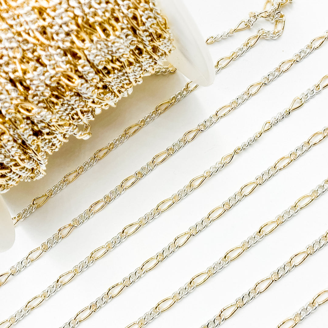 XM/3831C. 14K Gold Filled & Sterling Silver Figaro Link Chain – Long Gold, Short Silver Pattern