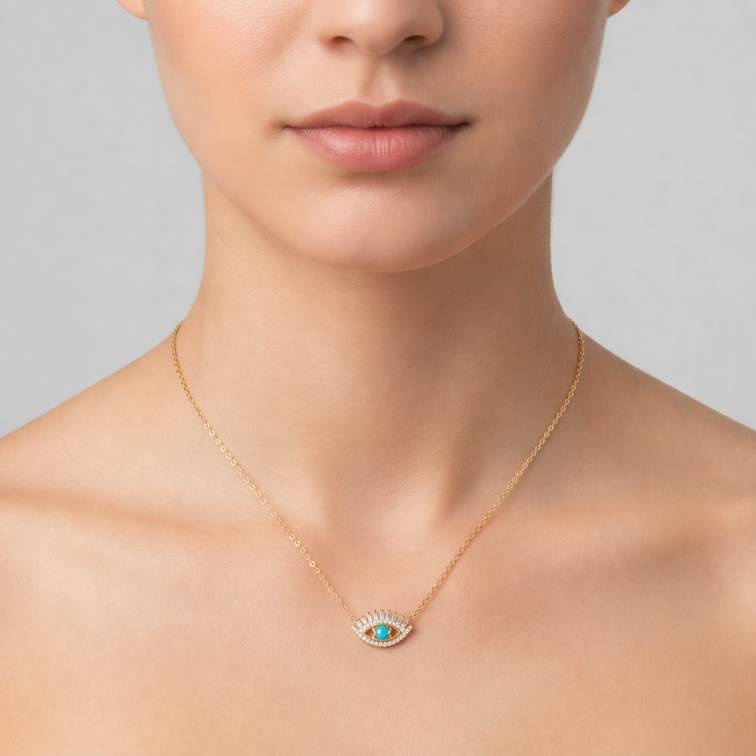 NFD70803. 14k Solid Yellow Gold, Diamonds & Precious Stones Cable Link Evil Eye Necklace