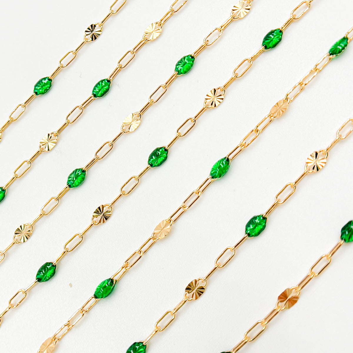 V295GRGF. 14K Gold Filled Green Color Enamel with Paperclip and Diamond Cut Marina Links