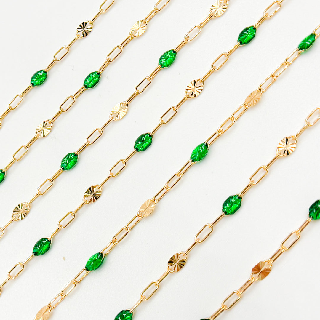 V295GRGF. 14K Gold Filled Green Color Enamel with Paperclip and Diamond Cut Marina Links