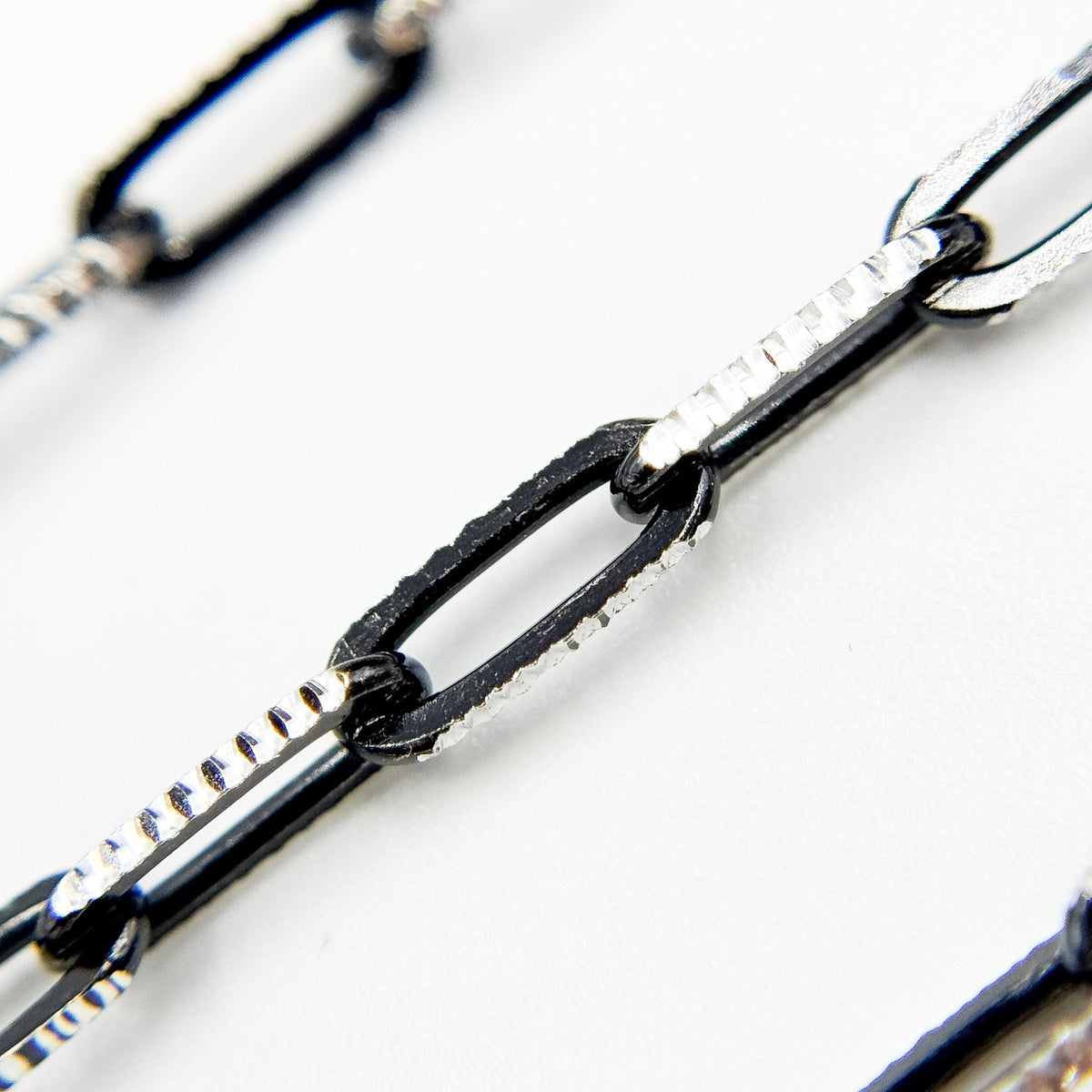 Z113SB. Two Tone Sterling Silver and Black Rhodium Paperclip Textured Chain