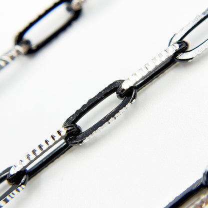 Z113SB. Two Tone Sterling Silver and Black Rhodium Paperclip Textured Chain