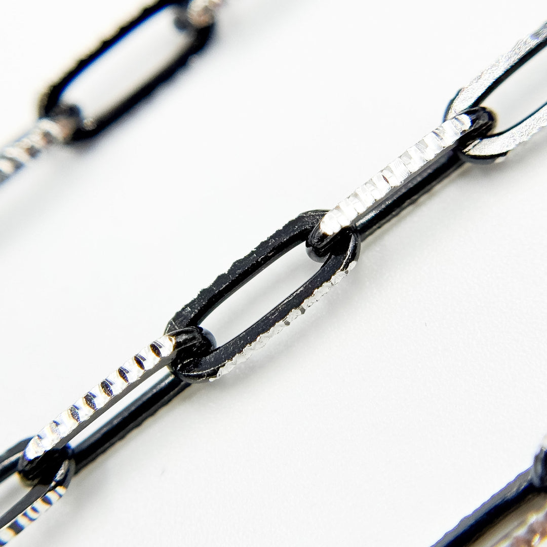 Z113SB. Two Tone Sterling Silver and Black Rhodium Paperclip Textured Chain