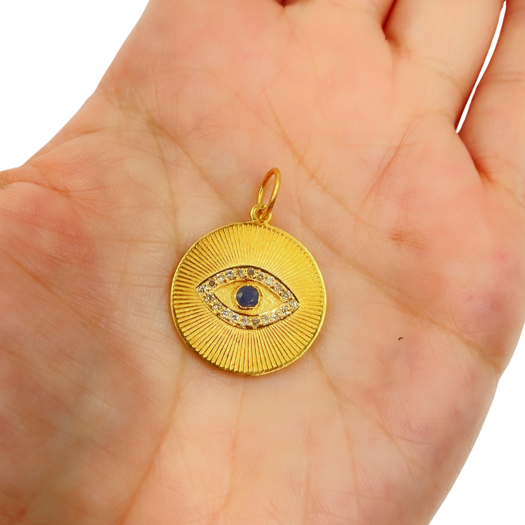 14K Solid Gold Charm. Circle Pendant with Diamonds and Blue Sapphire. GDP338