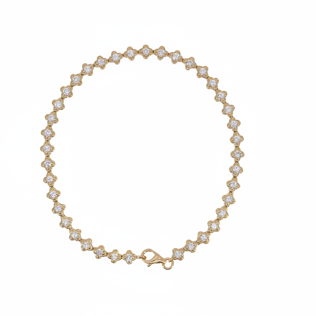 BR403957. 14k Solid Gold Diamond and Diamond Fancy Flower Bracelet