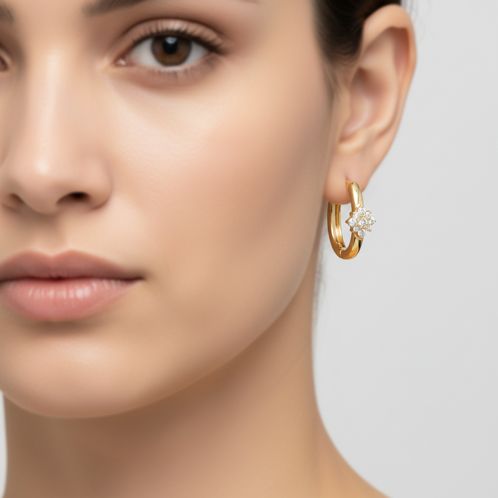EHD57626. 14K Solid Yellow Gold Diamond Flower Huggie Hoop Earrings