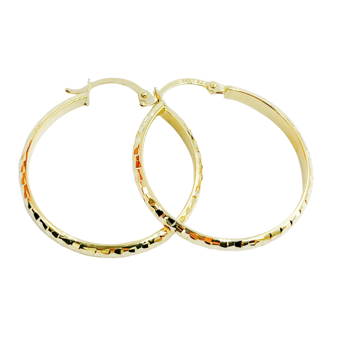 GER64. 14K Gold Diamond Cut Hollow Hoop Earrings