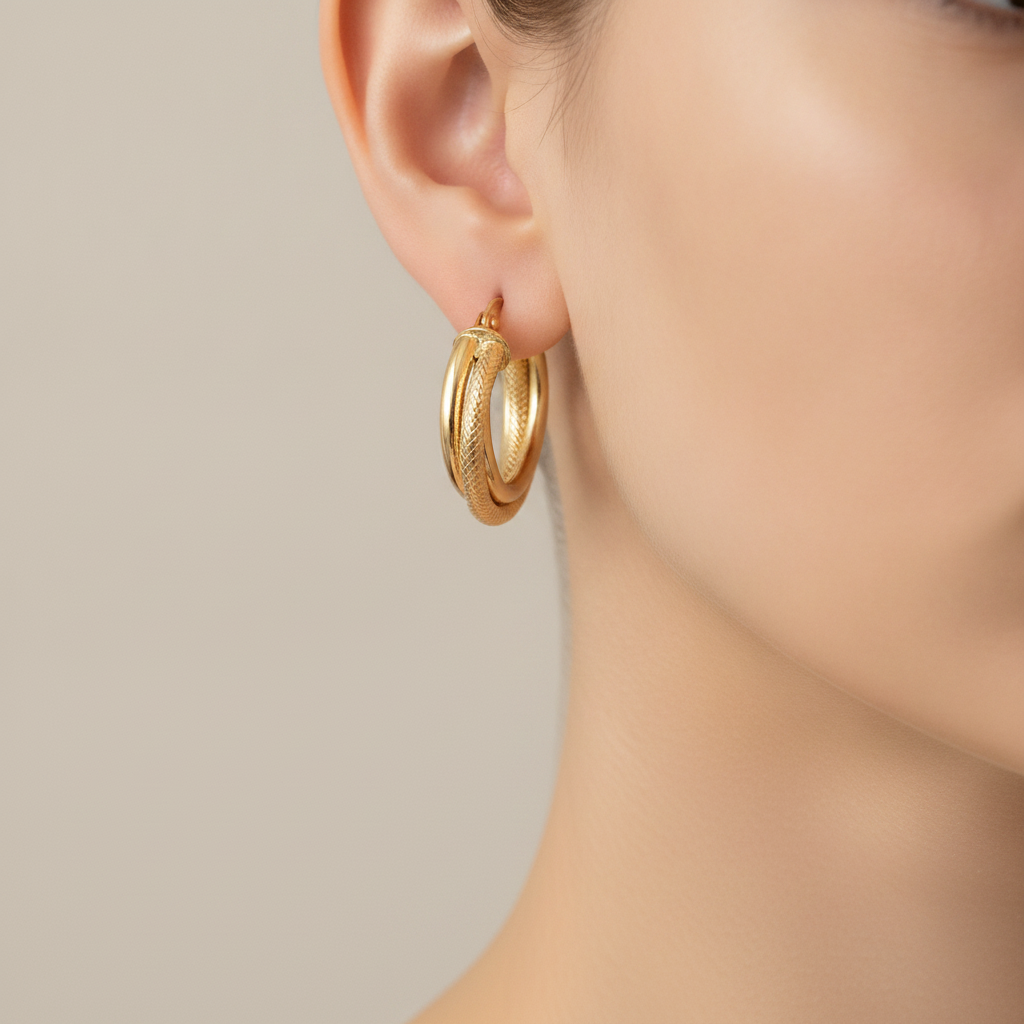 15850006741. 14K Solid Gold Smooth and Textured Twisted Triple Hollow Hoop Earrings