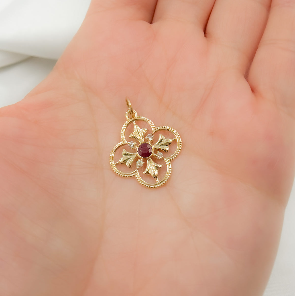 GDP383. 14K Solid Gold Diamond and Gemstone Flower Charm