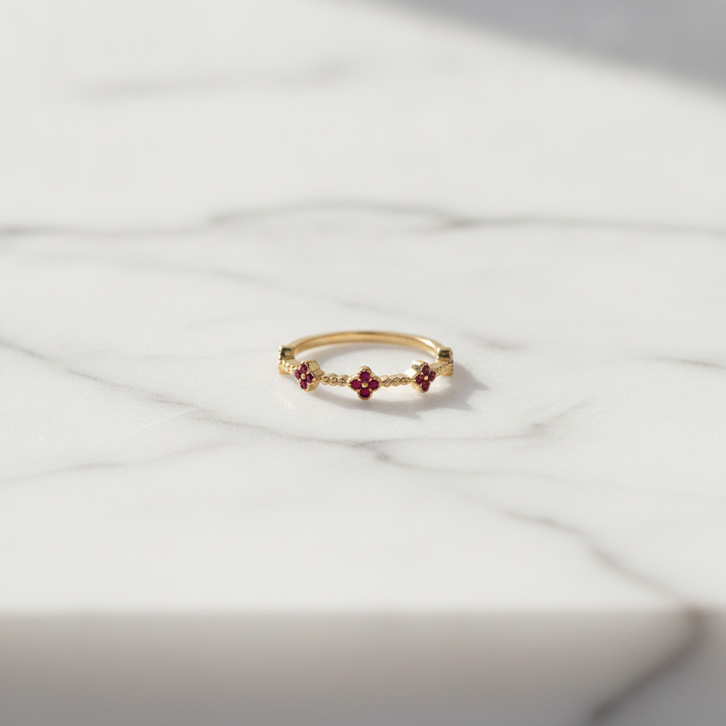 RAB02560. 14K Solid Gold Diamond and Gemstone Flower Ring