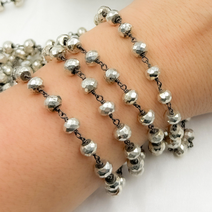 Steel Pyrite Faceted Rondel Oxidized 925 Sterling Silver Wire Chain.