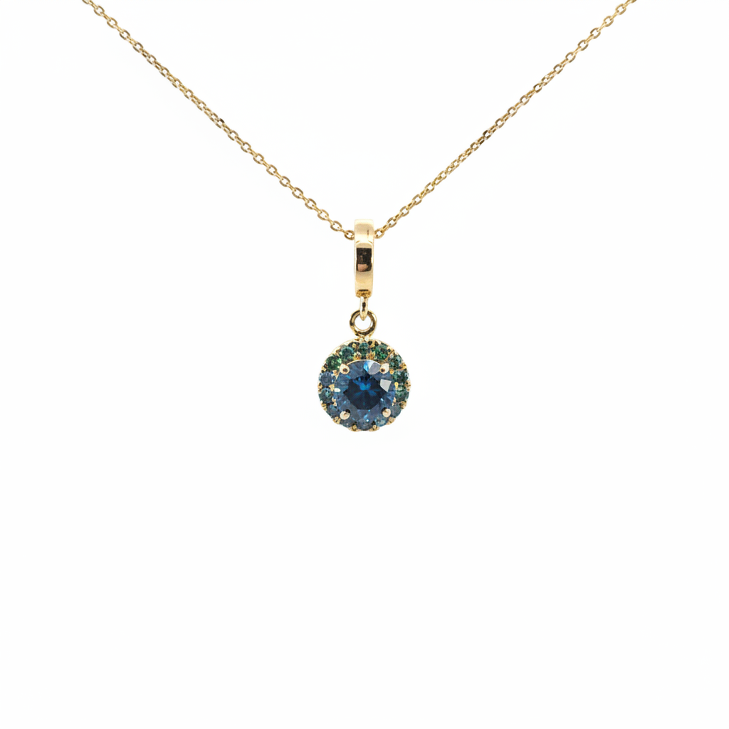 CMF00358B. 14K Solid Gold Blue Natural Diamond Round Charm