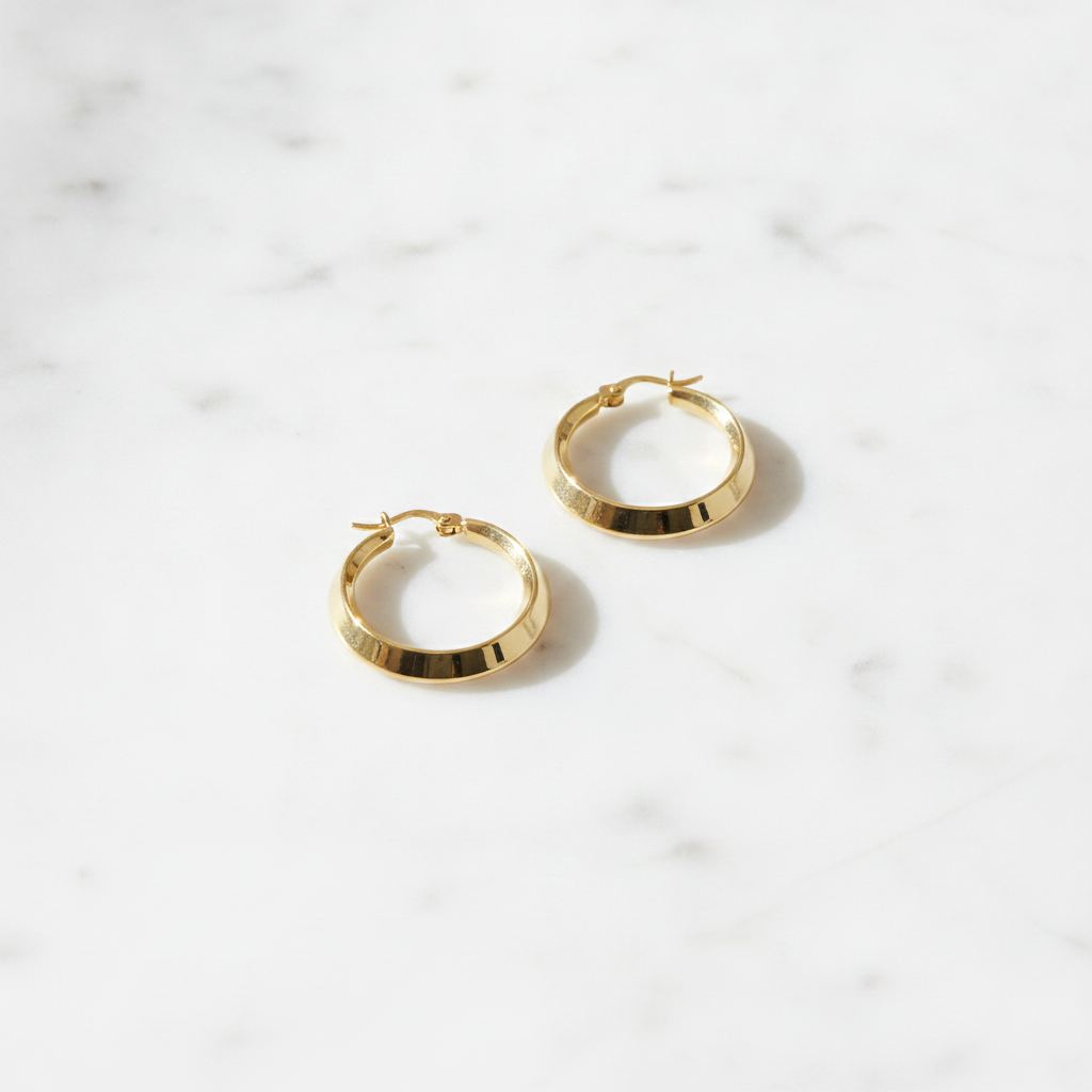 GER131. 14K Solid Gold Hollow Hoop Earrings