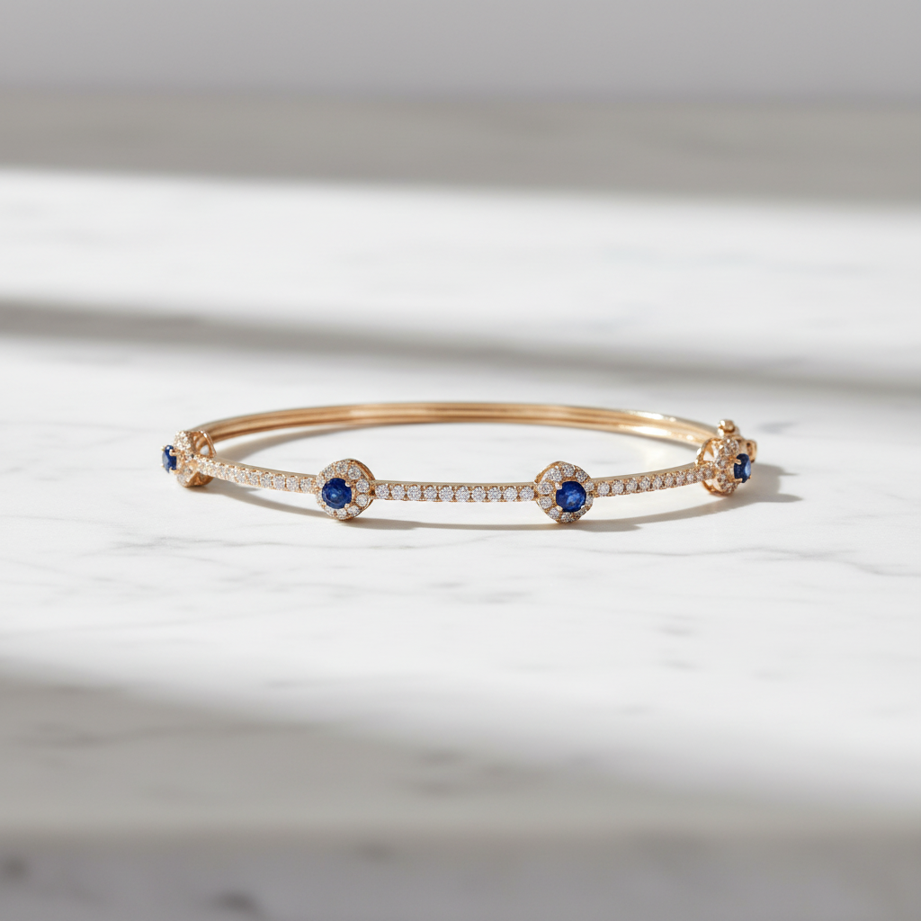 BNJ68672BS. 14K Solid Gold Diamond & Blue Sapphire Bangle