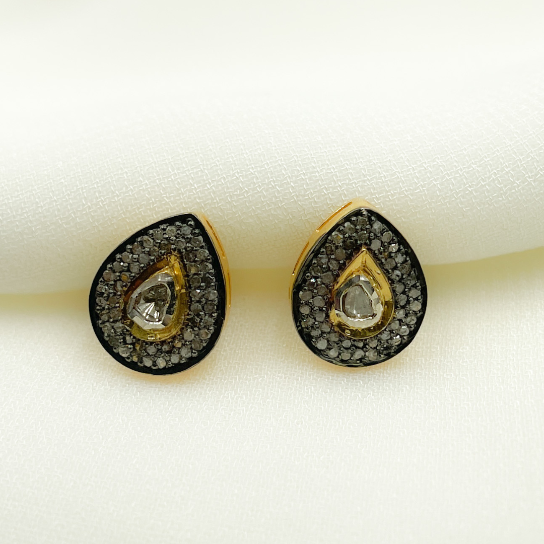 DE041. Pave Diamond and Dark Polka Diamond Silver Drop Studs