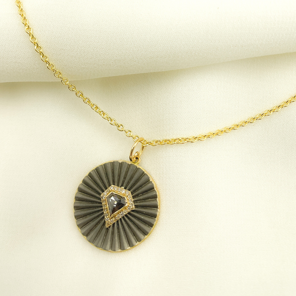 14k Solid Gold and Sterling Silver Black Rhodium Fancy Diamond Circle Pendant