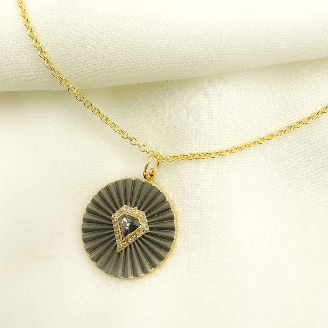 KSG39.  14k Solid Gold and Sterling Silver Black Rhodium Fancy Diamond Circle Pendant