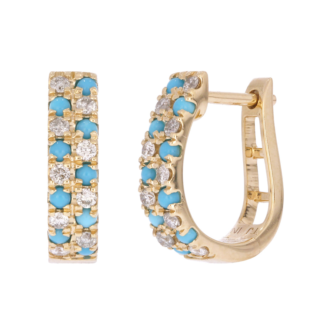 EFE53658. 14K Solid Gold Turquoise and Diamond Fancy Hoops
