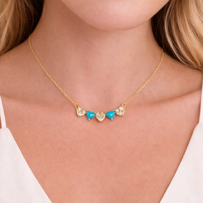 CN96340. 14K Solid Gold Diamond and Gemstone Hearts Necklace