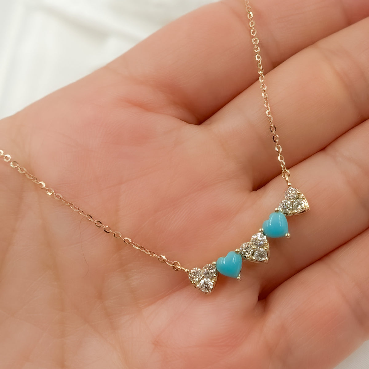 CN96340. 14K Solid Gold Diamond and Gemstone Hearts Necklace