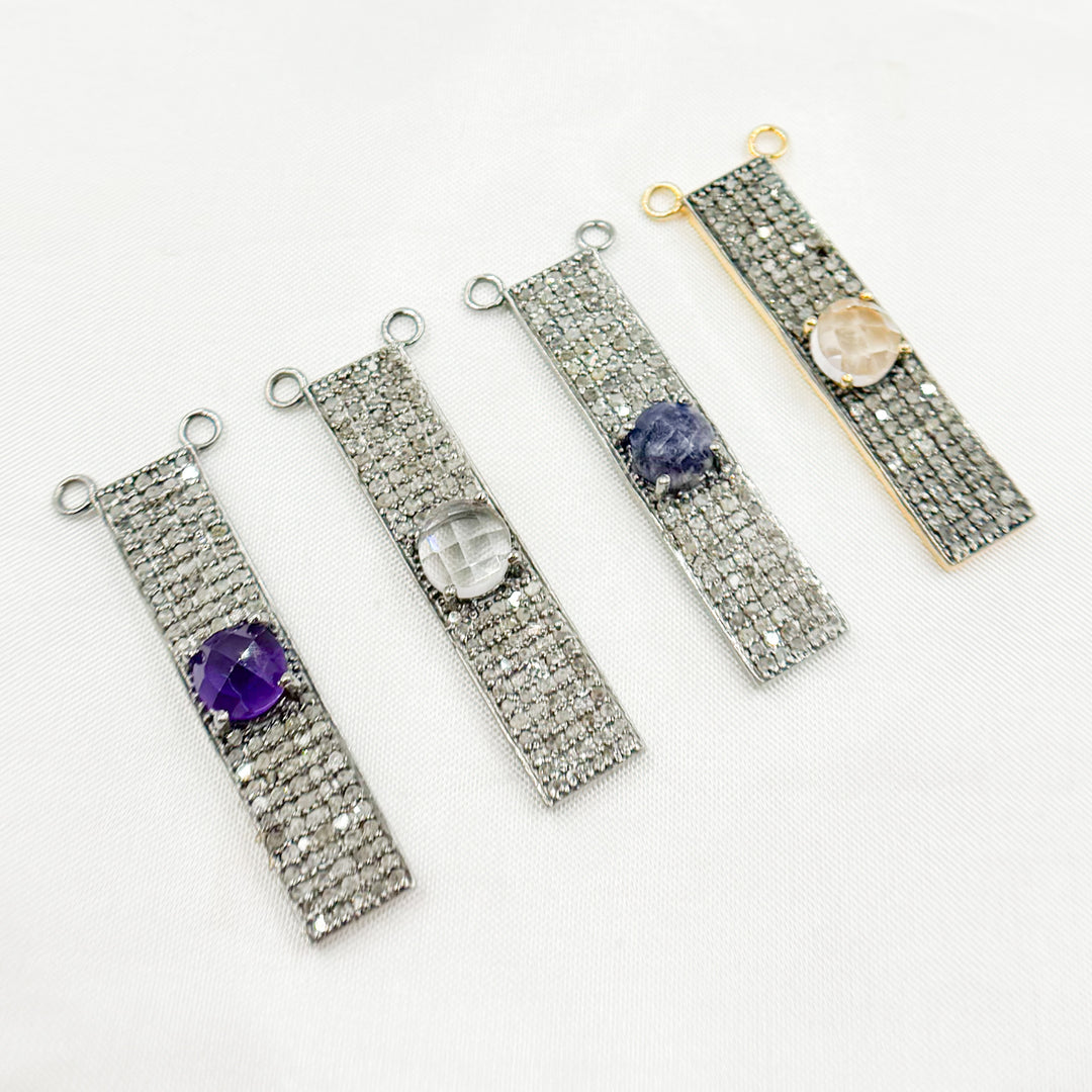 DC8. Silver Diamond and Gemstone Rectangle Connector