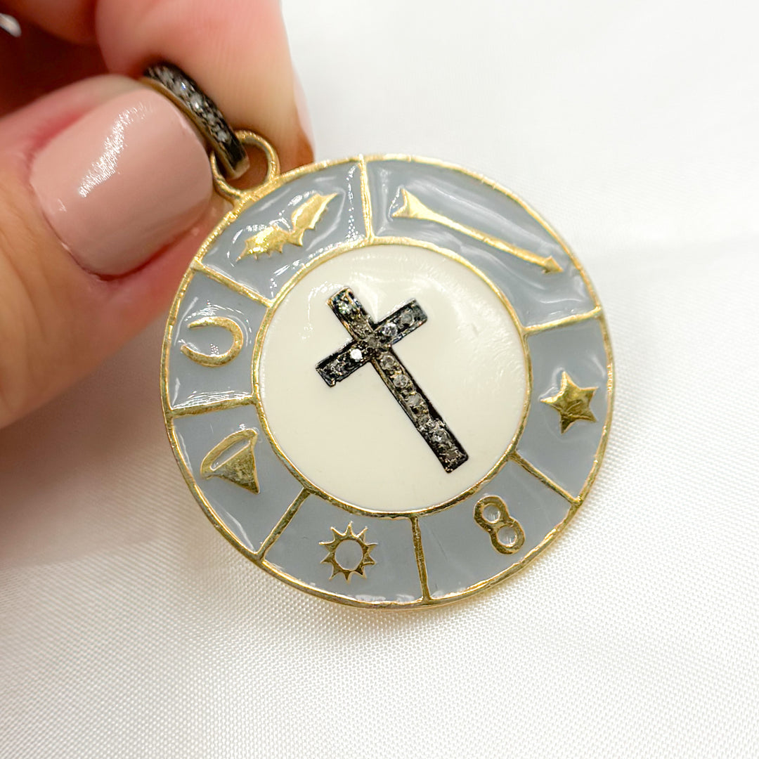 DP529A. Diamond Sterling Silver Round Cross Enamel Pendant