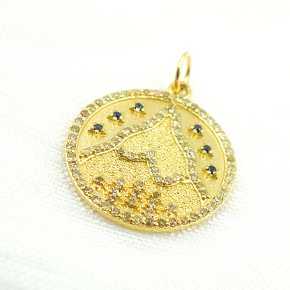 14K Solid Gold Diamond & Gemstone Circle Charm with Mountain. GDP423