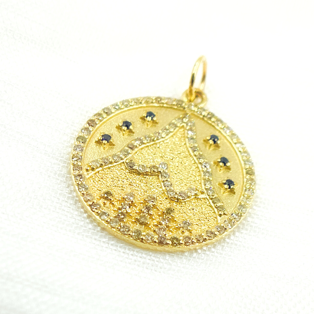 14K Solid Gold Diamond & Gemstone Circle Charm with Mountain. GDP423